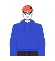 Thief in cap gloating flat line color vector character. Young caucasian man in hoodie. Editable outline full body person on white. Simple cartoon spot illustration for web graphic design