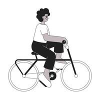 African american sport girl on bicycle monochromatic flat vector character. Fast moving. Editable thin line full body person on white. Simple bw cartoon spot image for web graphic design