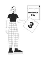 Moving out day calendar tear off black and white cartoon flat illustration. Caucasian woman rips page off countdown 2D lineart character isolated. Before moving monochrome scene vector outline image