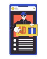 Advertising fraud flat line concept vector spot illustration. Calling for click on ad. Smartphone 2D cartoon outline object on white for web UI design. Cybercrime editable isolated color hero image