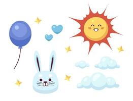 Boyish childish decorations 2D illustration concept. Newborn baby boy card isolated cartoon scene, white background. Happy sun, fluffy clouds, cute bunny metaphor abstract flat vector graphic