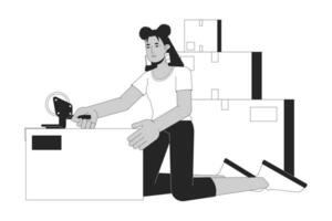 Hispanic girl packing moving boxes black and white cartoon flat illustration. Latina woman wrapping shipping tape 2D lineart character isolated. Moving out monochrome scene vector outline image