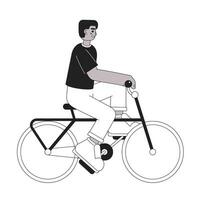 hombre montando en bicicleta monocromo plano vector personaje. africano americano chico en bicicleta. editable Delgado línea lleno cuerpo persona en blanco. sencillo bw dibujos animados Mancha imagen para web gráfico diseño