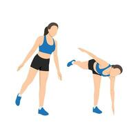 Woman doing exercise with body toe touches. Pivoting , hamstrings and erector spinae. vector