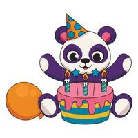 Cute panda in a festive cap with a cake, burning candles and a balloon. Happy birthday. Vector graphic.