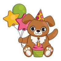 linda perro en un festivo gorra con un magdalena y un ardiente vela y globos contento cumpleaños. vector gráfico.