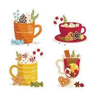 Set of cozy mugs with hot drinks. Winter time. Christmas drink. Vector graphic.