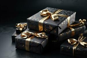 Black gift boxes with gold ribbon bow tag on black background. Discounts, sales, black Friday. photo