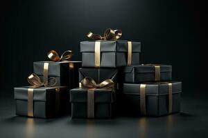 Black gift boxes with gold ribbon bow tag on black background. Discounts, sales, black Friday. photo