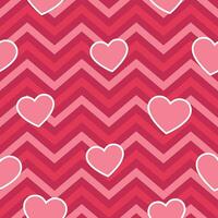 Pink Hearts on Geometric Zig Zag Seamless Background, Vector Pattern