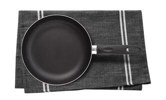 Frying pan on napkin isolated. Top view mockup. photo