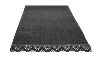 Black Canvas napkin with lace, natural burlap runner perspective isolated on white. Can used for display or montage product. Selective fokus photo