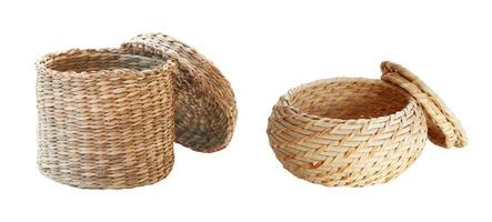 Different variants empty straw baskets isolated on white. Wicker decor for bathroom photo