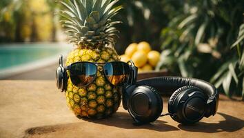 ver de piña Fruta con frio Gafas de sol y auriculares. ai generado foto