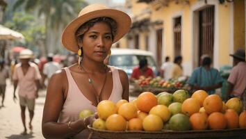 Lady selling fruits in Cartagena, Colombia. Ai Generated photo