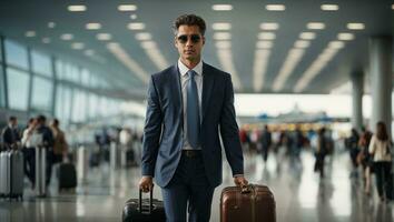 Businessman with his suitcase at the airport. Ai Generated photo