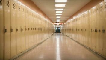 High school hallway with lockers. Ai Generated photo