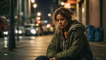 Homeless woman drug and alcohol addict sitting alone. Ai Generated photo