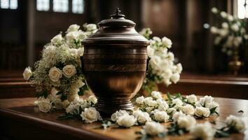 Urn with ashes in the church with white flowers. Ai Generated photo