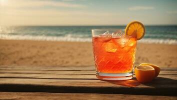 Aperol on top of a wooden table in front of the beach. Ai Generated photo