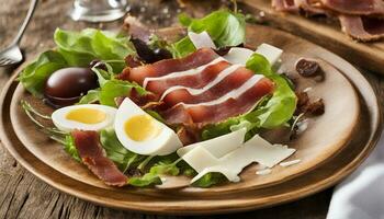 Salad plate with South Tyrolean bacon, served with parmesan cheese and rye bread. Ai Generated photo