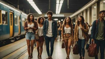 un grupo de joven amigos esperando relajado y despreocupado a el estación. ai generado foto