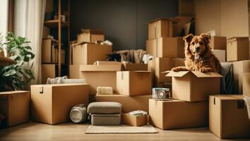 Move concept. Cardboard boxes and cleaning things for moving into a new home. Ai Generated photo
