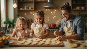 Happy family funny kids bake cookies in kitchen. Creative and happy childhood concept. Ai Generated photo