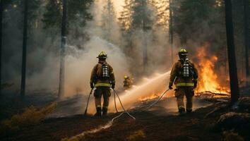 Firefighters spray water to wildfire in the forest. Ai Generated photo