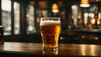 Cold beer pour in glass from crane in pub background. Ai Generated photo