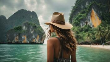 viajero mujer mirando asombrado naturaleza escénico paisaje. ai generado foto