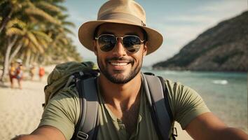 Handsome man wearing hat and sunglasses taking selfie picture on summer vacation day. Ai Generated photo