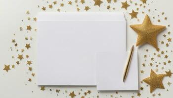 Blank note with envelope, pen and gold glitter stars on white background. Ai generated photo