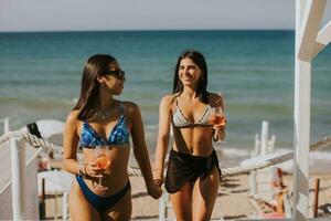 Smiling young women in bikini enjoying vacation on the beach photo