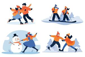 Hand Drawn couple character playing ice skating in winter in flat style vector