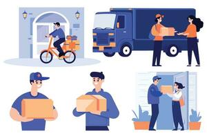 Hand Drawn a delivery man is delivering a package to a customer in flat style vector