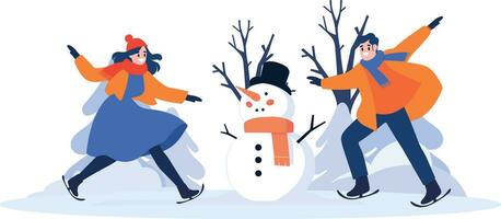 Hand Drawn couple character playing ice skating in winter in flat style vector