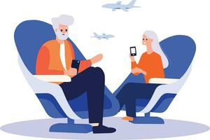 Hand Drawn Elderly couple sitting on a plane to travel in flat style vector