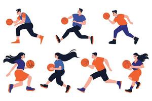 mano dibujado baloncesto jugador personaje jugando baloncesto en plano estilo vector