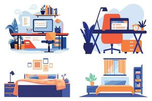 mano dibujado dormitorio y oficina mueble en plano estilo vector
