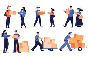 Hand Drawn a delivery man is delivering a package to a customer in flat style vector