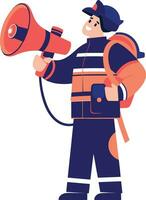 Hand Drawn Firefighter character extinguishing fire in flat style vector