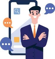 Hand Drawn Businessman with smartphone in online business concept in flat style vector