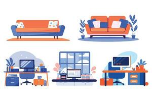 Hand Drawn Bedroom and office furniture in flat style vector