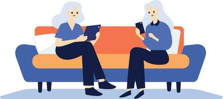 Hand Drawn Elderly woman sitting on the sofa using a smartphone in flat style vector