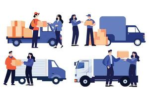 Hand Drawn Delivery man with delivery truck in flat style vector