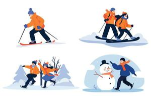 Hand Drawn couple character playing ice skating in winter in flat style vector