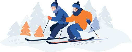 Hand Drawn couple character playing ice skating in winter in flat style vector