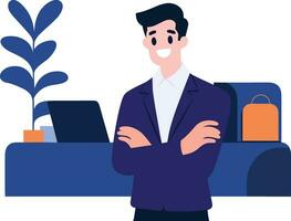 Hand Drawn Businessman or office worker character with laptop in flat style vector