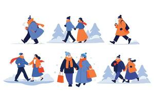 Hand Drawn couple wearing winter clothing walks on a path filled with snow in flat style vector